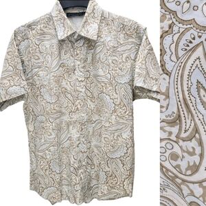 Vintage Positano Button Up Shirt Mens Large Blue Tan Paisley All Over Print USA